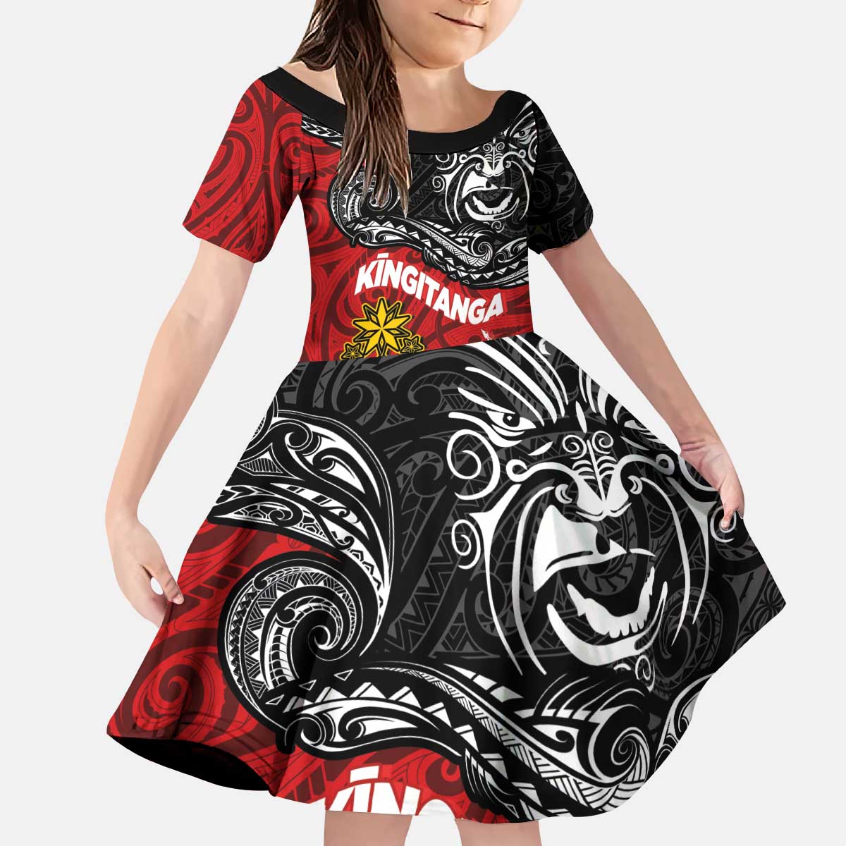 The Kingitanga - Maori King Movement Kid Short Sleeve Dress Ko Te Mana Motuhake Emblem with Moko and Polynesian Art Tattoo