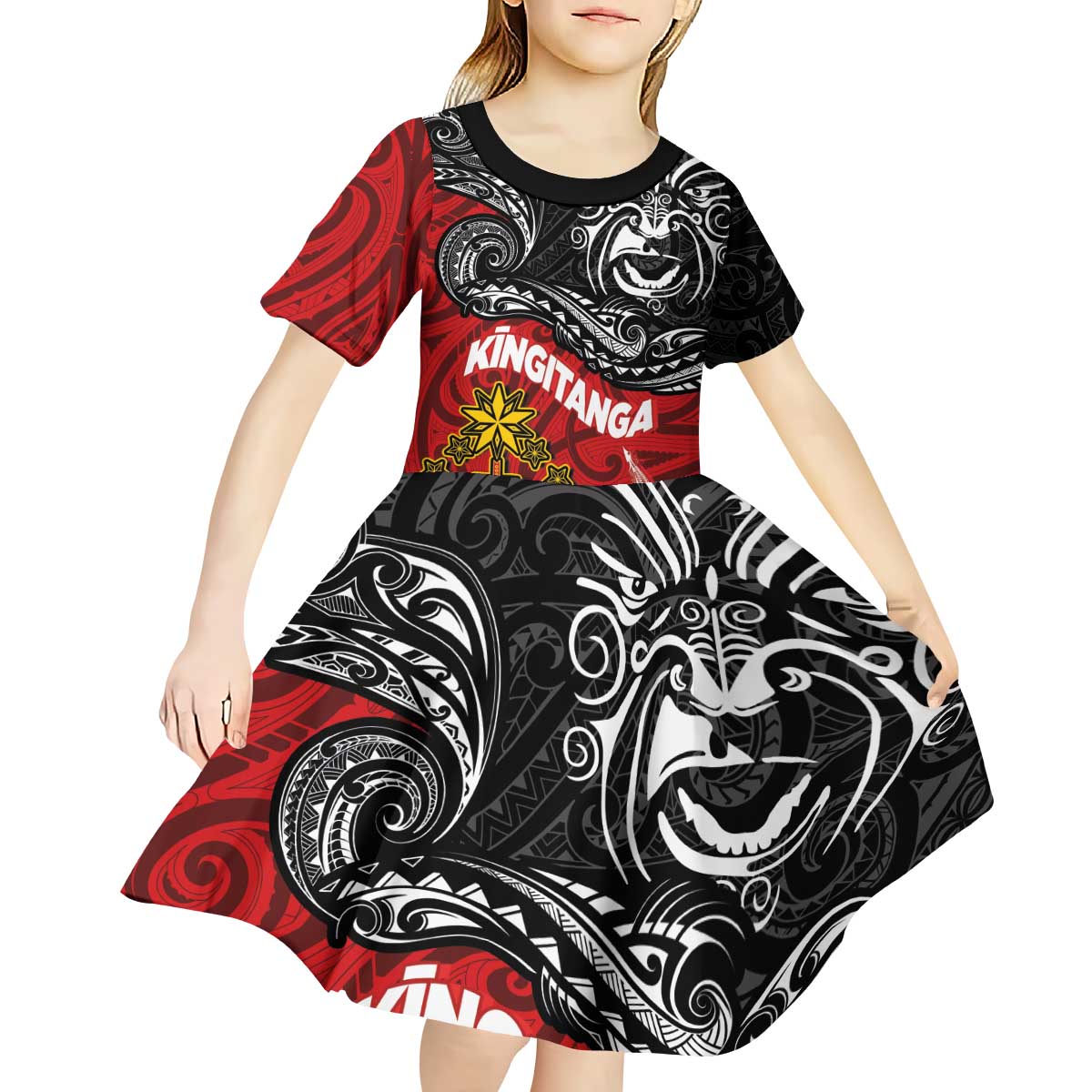 The Kingitanga - Maori King Movement Kid Short Sleeve Dress Ko Te Mana Motuhake Emblem with Moko and Polynesian Art Tattoo