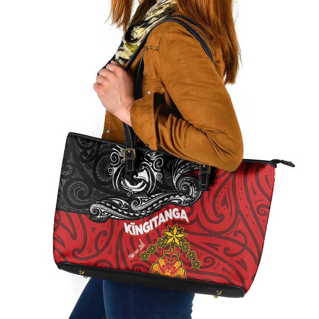 The Kingitanga - Maori King Movement Leather Tote Bag Ko Te Mana Motuhake Emblem with Moko and Polynesian Art Tattoo