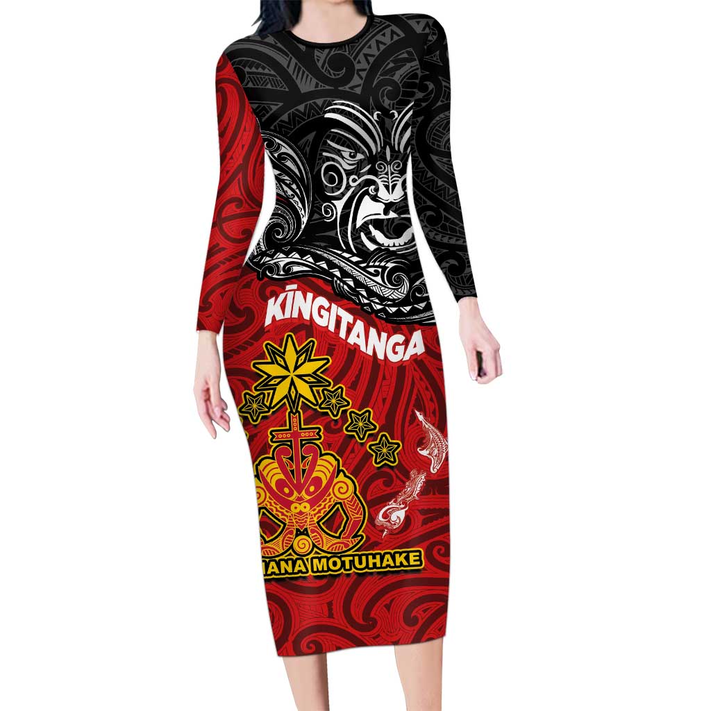 The Kingitanga - Maori King Movement Long Sleeve Bodycon Dress Ko Te Mana Motuhake Emblem with Moko and Polynesian Art Tattoo