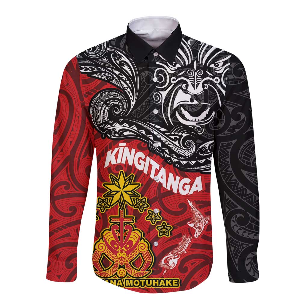 The Kingitanga - Maori King Movement Long Sleeve Button Shirt Ko Te Mana Motuhake Emblem with Moko and Polynesian Art Tattoo