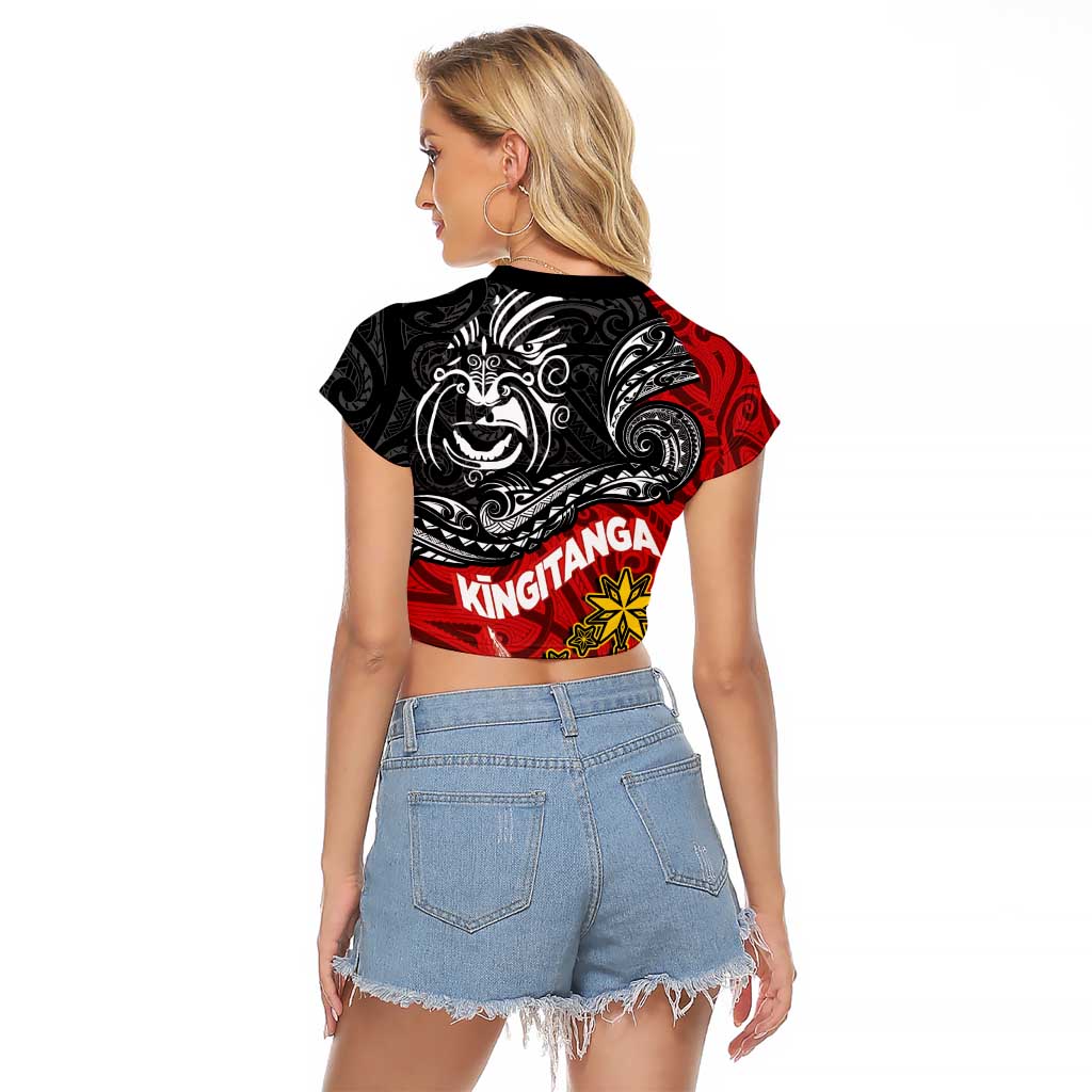 The Kingitanga - Maori King Movement Raglan Cropped T Shirt Ko Te Mana Motuhake Emblem with Moko and Polynesian Art Tattoo