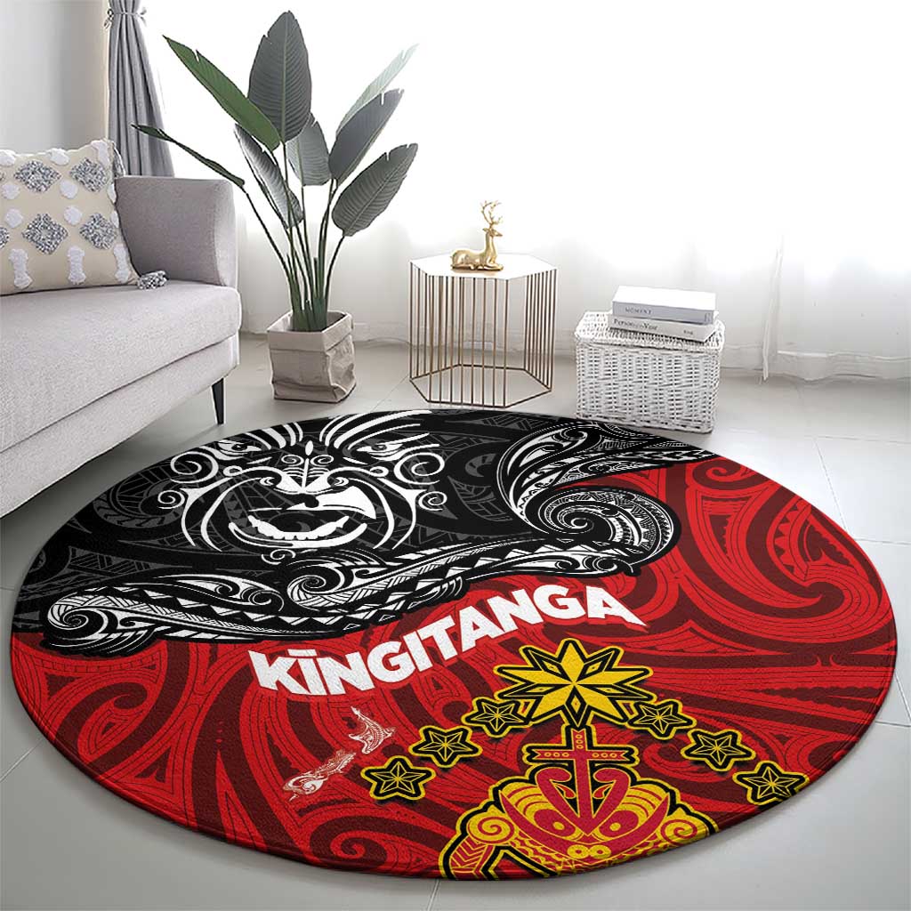 The Kingitanga - Maori King Movement Round Carpet Ko Te Mana Motuhake Emblem with Moko and Polynesian Art Tattoo