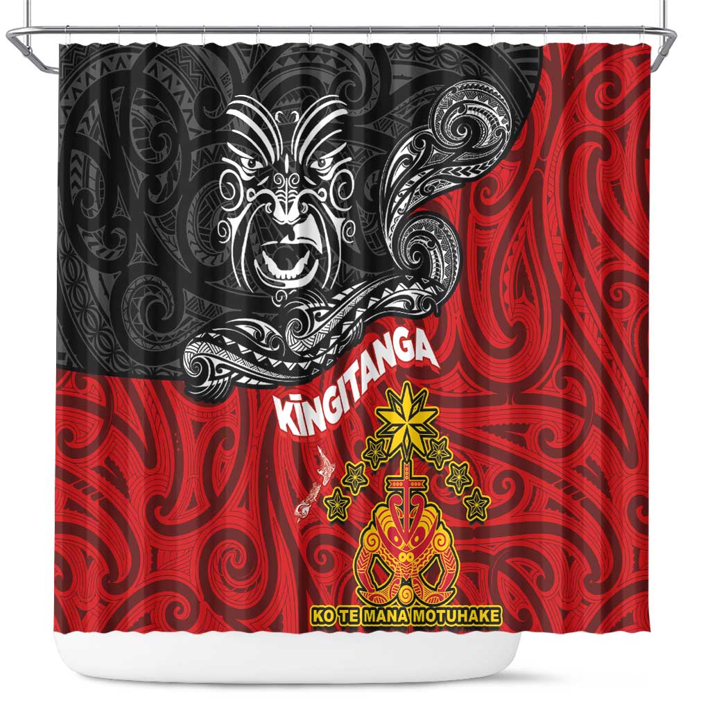 The Kingitanga - Maori King Movement Shower Curtain Ko Te Mana Motuhake Emblem with Moko and Polynesian Art Tattoo