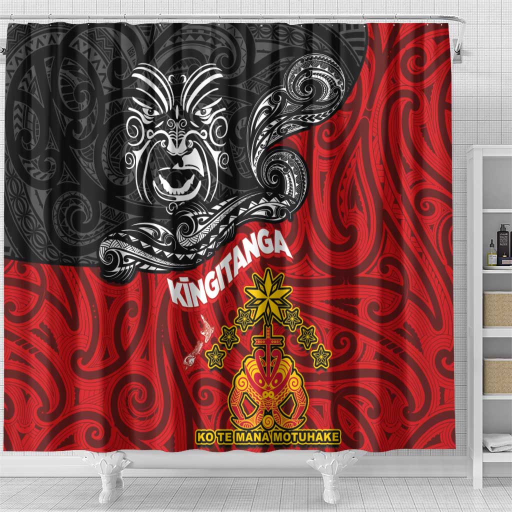 The Kingitanga - Maori King Movement Shower Curtain Ko Te Mana Motuhake Emblem with Moko and Polynesian Art Tattoo