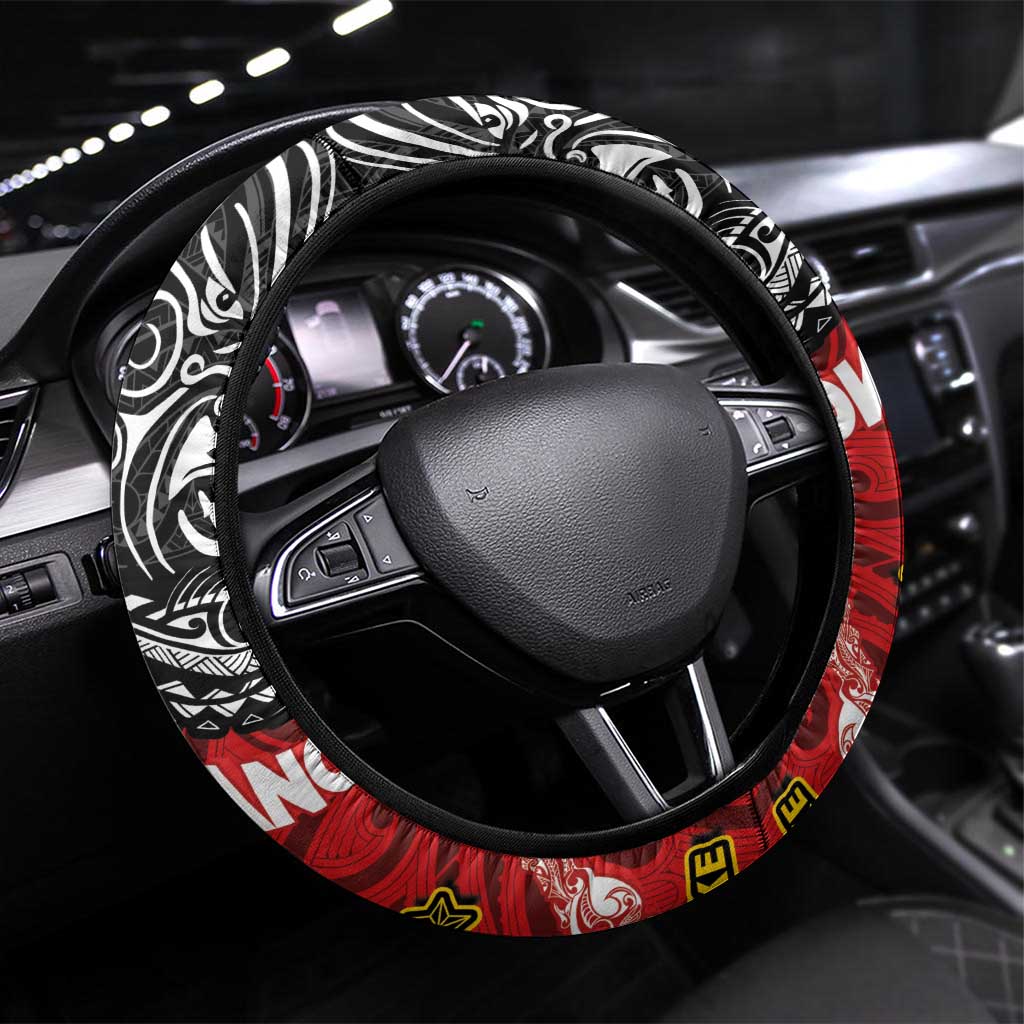 The Kingitanga - Maori King Movement Steering Wheel Cover Ko Te Mana Motuhake Emblem with Moko and Polynesian Art Tattoo