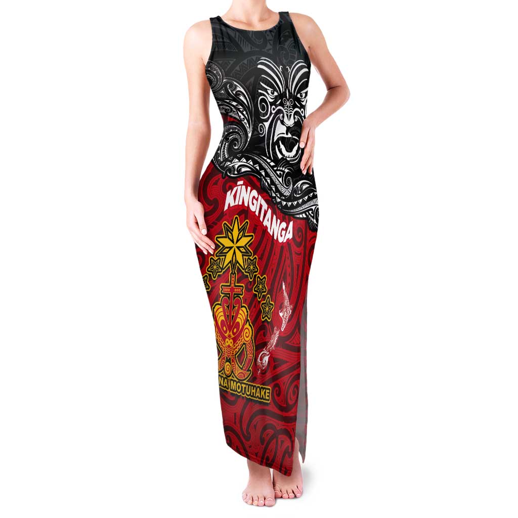 Maori King Movement Tank Maxi Dress Ko Te Mana Motuhake Emblem with Moko and Polynesian Art Tattoo LT03 Women Red - Polynesian Pride