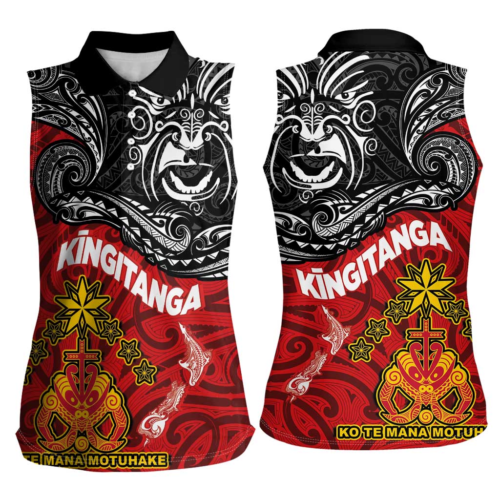 The Kingitanga - Maori King Movement Women Sleeveless Polo Shirt Ko Te Mana Motuhake Emblem with Moko and Polynesian Art Tattoo