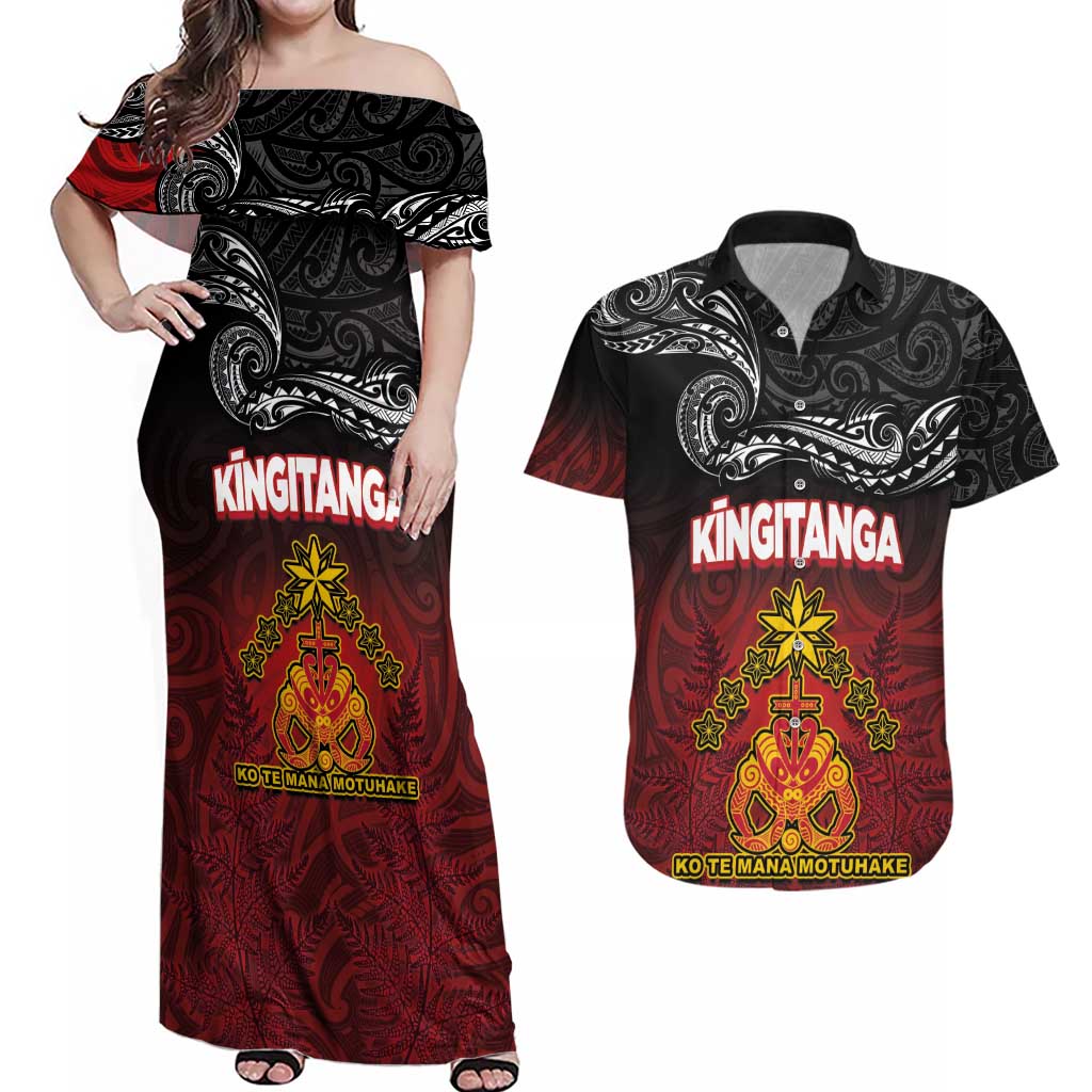 Personalised The Kingitanga - Maori King Movement Couples Matching Off Shoulder Maxi Dress and Hawaiian Shirt Ko Te Mana Motuhake Emblem with Silver Ferns and Polynesian Art Tattoo