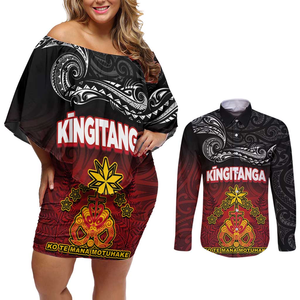 Personalised Maori King Movement Couples Matching Off Shoulder Short Dress and Long Sleeve Button Shirt Ko Te Mana Motuhake Emblem with Silver Ferns and Polynesian Art Tattoo LT03 Red - Polynesian Pride