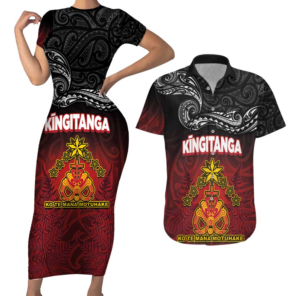 Personalised The Kingitanga - Maori King Movement Couples Matching Short Sleeve Bodycon Dress and Hawaiian Shirt Ko Te Mana Motuhake Emblem with Silver Ferns and Polynesian Art Tattoo