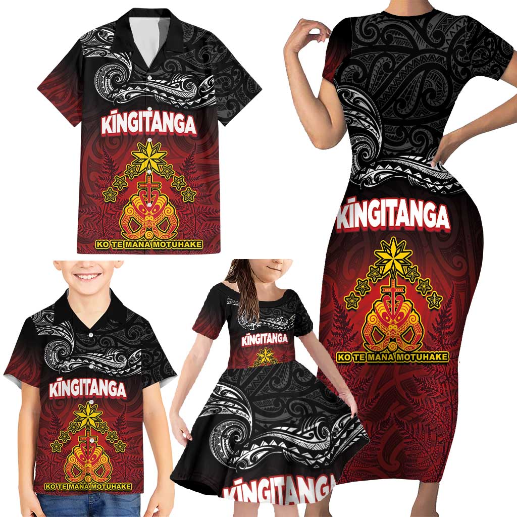 Personalised The Kingitanga - Maori King Movement Family Matching Short Sleeve Bodycon Dress and Hawaiian Shirt Ko Te Mana Motuhake Emblem with Silver Ferns and Polynesian Art Tattoo