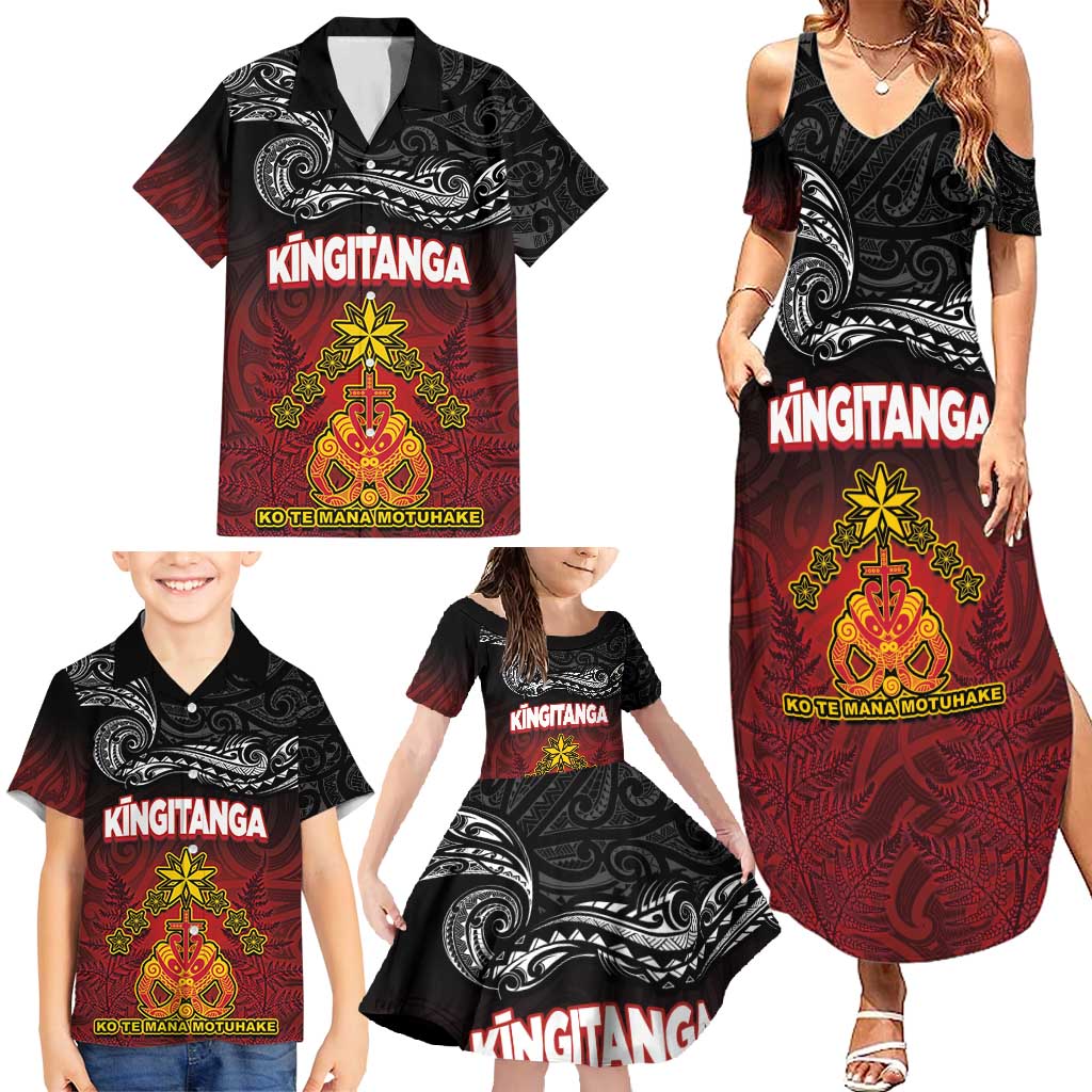 Personalised The Kingitanga - Maori King Movement Family Matching Summer Maxi Dress and Hawaiian Shirt Ko Te Mana Motuhake Emblem with Silver Ferns and Polynesian Art Tattoo