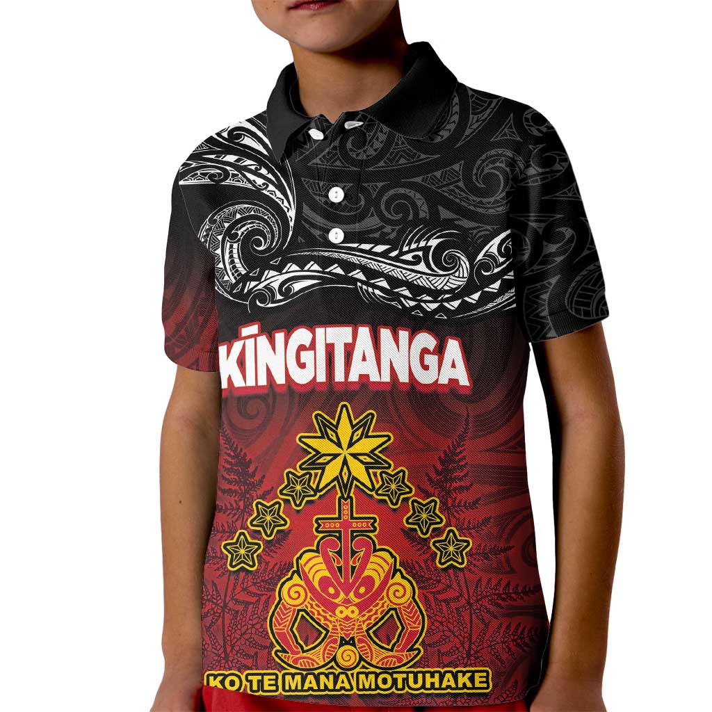 Personalised The Kingitanga - Maori King Movement Kid Polo Shirt Ko Te Mana Motuhake Emblem with Silver Ferns and Polynesian Art Tattoo