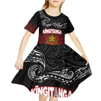 Personalised The Kingitanga - Maori King Movement Kid Short Sleeve Dress Ko Te Mana Motuhake Emblem with Silver Ferns and Polynesian Art Tattoo
