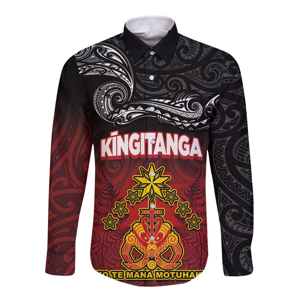 Personalised The Kingitanga - Maori King Movement Long Sleeve Button Shirt Ko Te Mana Motuhake Emblem with Silver Ferns and Polynesian Art Tattoo