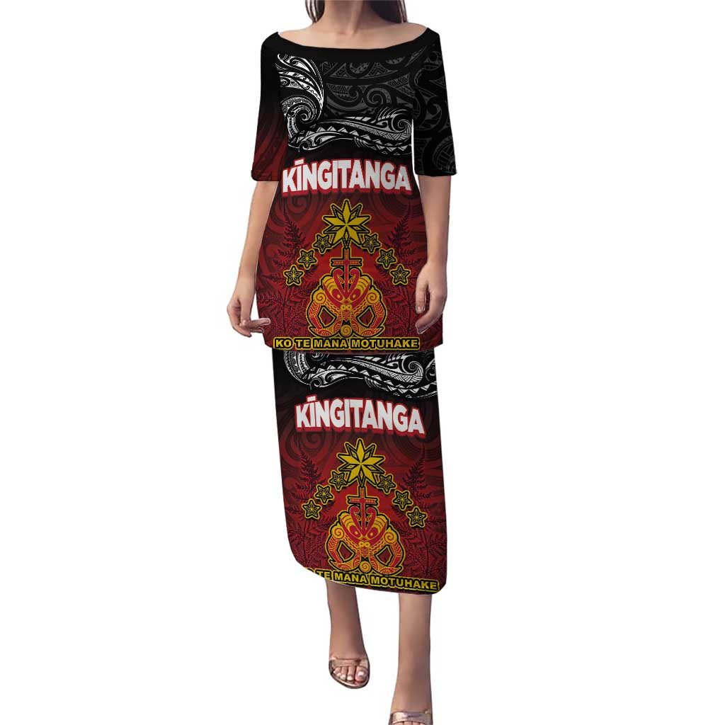 Personalised Maori King Movement Puletasi Ko Te Mana Motuhake Emblem with Silver Ferns and Polynesian Art Tattoo LT03 Long Dress Red - Polynesian Pride