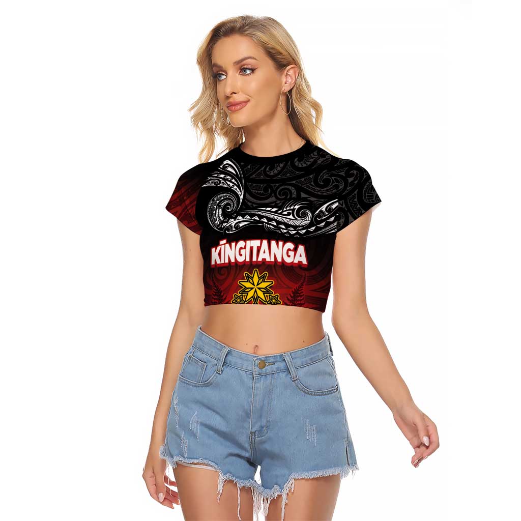 Personalised Maori King Movement Raglan Cropped T Shirt Ko Te Mana Motuhake Emblem with Silver Ferns and Polynesian Art Tattoo LT03 Female Red - Polynesian Pride
