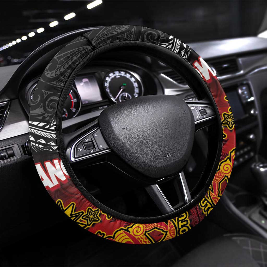 The Kingitanga - Maori King Movement Steering Wheel Cover Ko Te Mana Motuhake Emblem with Silver Ferns and Polynesian Art Tattoo