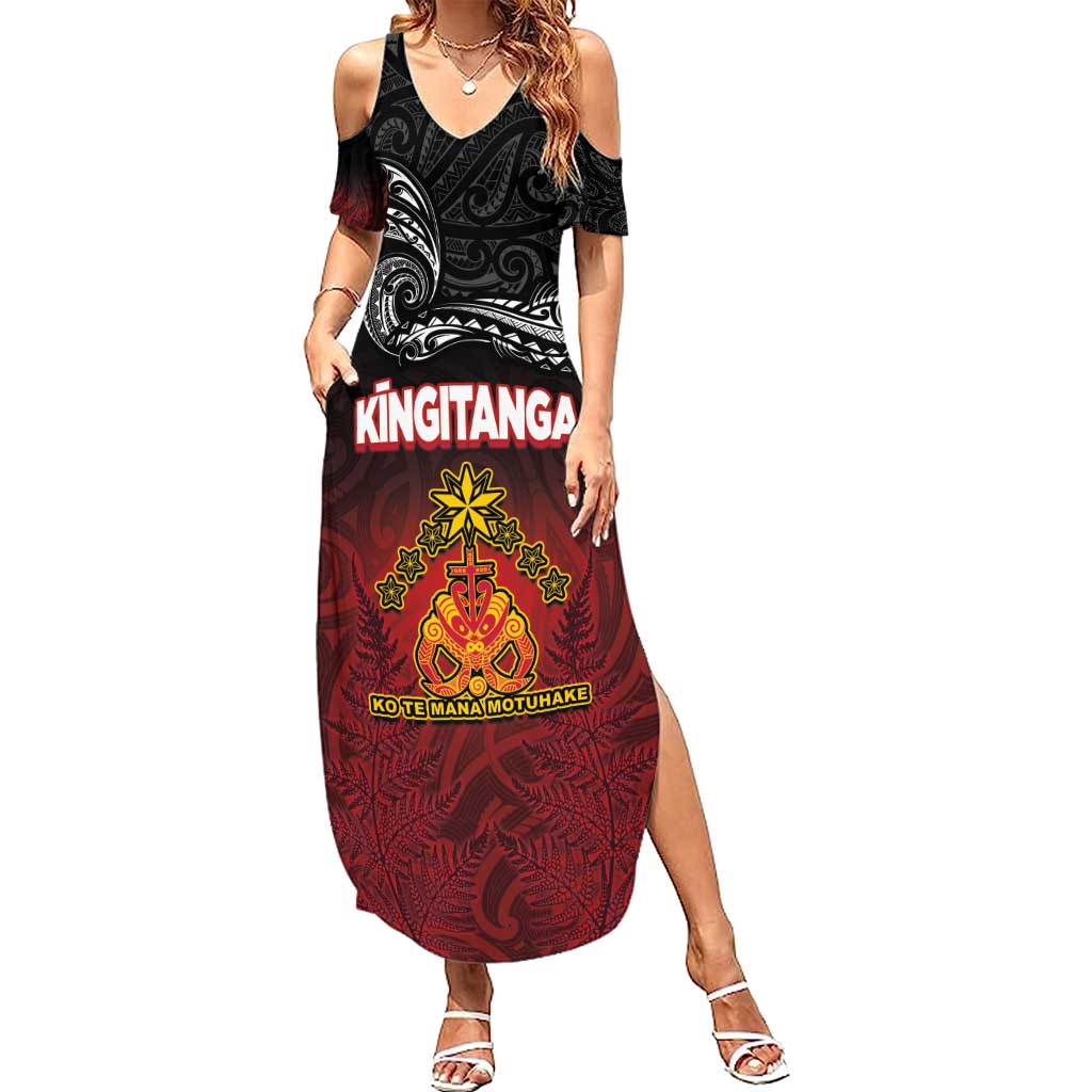 Personalised The Kingitanga - Maori King Movement Summer Maxi Dress Ko Te Mana Motuhake Emblem with Silver Ferns and Polynesian Art Tattoo