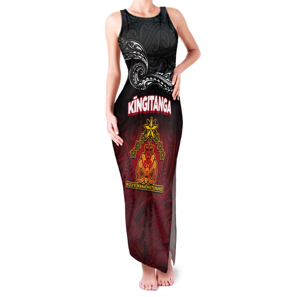 Personalised Maori King Movement Tank Maxi Dress Ko Te Mana Motuhake Emblem with Silver Ferns and Polynesian Art Tattoo LT03 Women Red - Polynesian Pride