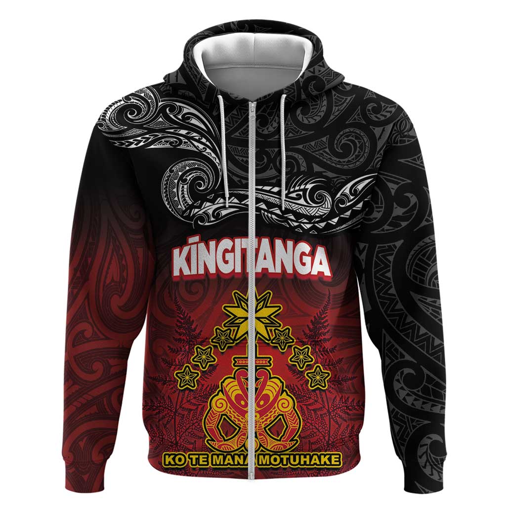 Personalised The Kingitanga - Maori King Movement Zip Hoodie Ko Te Mana Motuhake Emblem with Silver Ferns and Polynesian Art Tattoo