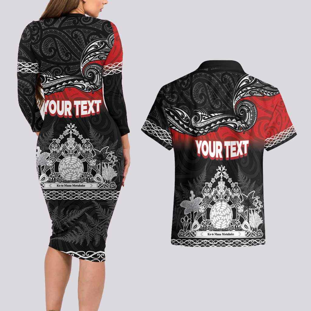 Personalised The Kingitanga - Maori King Movement Couples Matching Long Sleeve Bodycon Dress and Hawaiian Shirt Te Paki-o-Matariki with Silver Ferns and Polynesian Art Tattoo