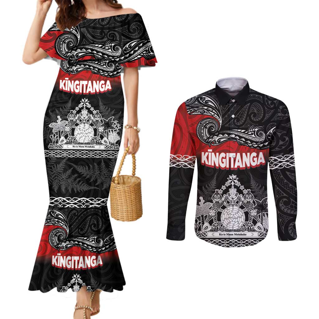 Personalised The Kingitanga - Maori King Movement Couples Matching Mermaid Dress and Long Sleeve Button Shirt Te Paki-o-Matariki with Silver Ferns and Polynesian Art Tattoo