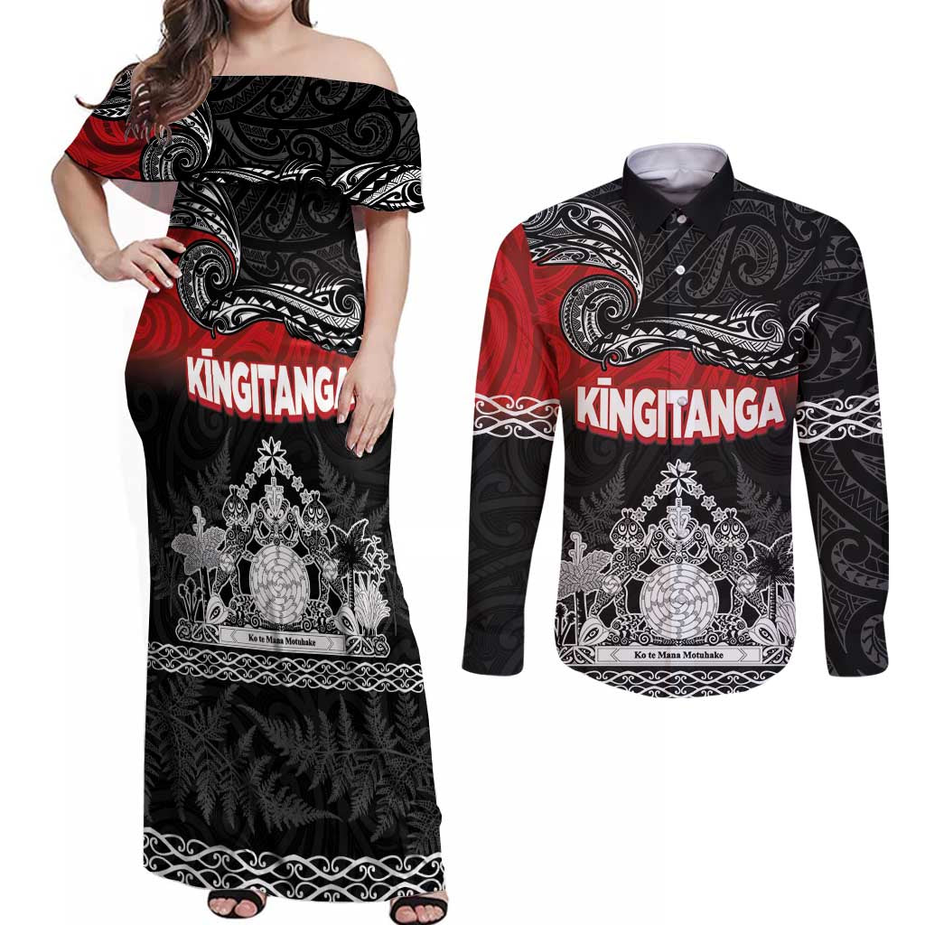 Personalised The Kingitanga - Maori King Movement Couples Matching Off Shoulder Maxi Dress and Long Sleeve Button Shirt Te Paki-o-Matariki with Silver Ferns and Polynesian Art Tattoo