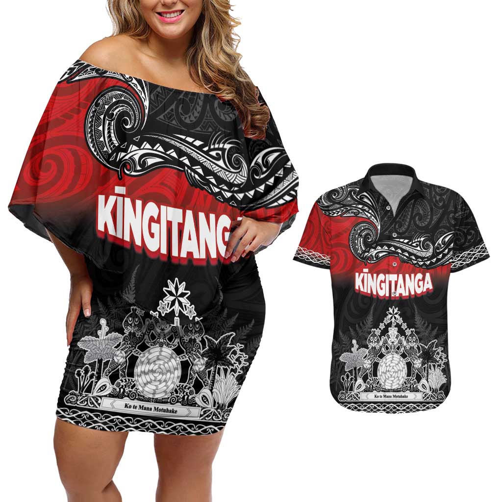 Personalised The Kingitanga - Maori King Movement Couples Matching Off Shoulder Short Dress and Hawaiian Shirt Te Paki-o-Matariki with Silver Ferns and Polynesian Art Tattoo