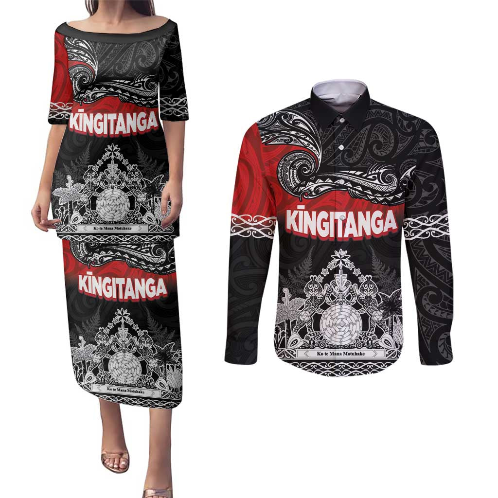 Personalised The Kingitanga - Maori King Movement Couples Matching Puletasi and Long Sleeve Button Shirt Te Paki-o-Matariki with Silver Ferns and Polynesian Art Tattoo