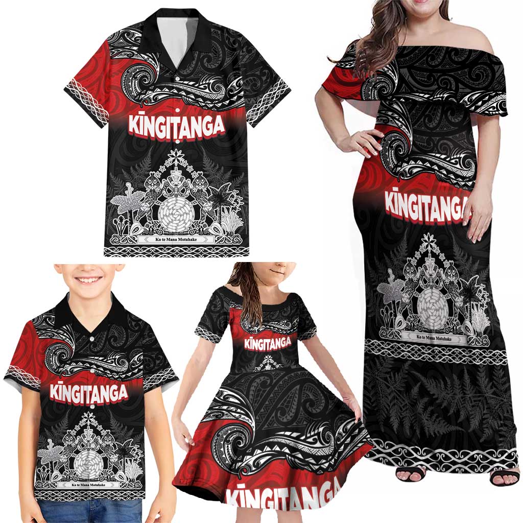 Personalised The Kingitanga - Maori King Movement Family Matching Off Shoulder Maxi Dress and Hawaiian Shirt Te Paki-o-Matariki with Silver Ferns and Polynesian Art Tattoo