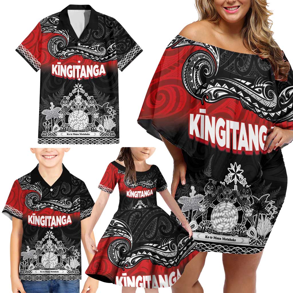 Personalised The Kingitanga - Maori King Movement Family Matching Off Shoulder Short Dress and Hawaiian Shirt Te Paki-o-Matariki with Silver Ferns and Polynesian Art Tattoo