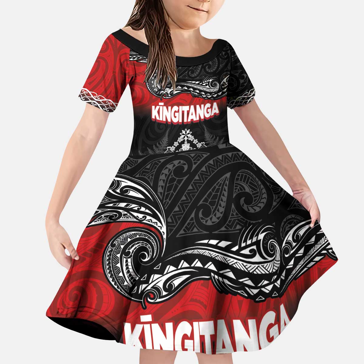 Personalised The Kingitanga - Maori King Movement Kid Short Sleeve Dress Te Paki-o-Matariki with Silver Ferns and Polynesian Art Tattoo