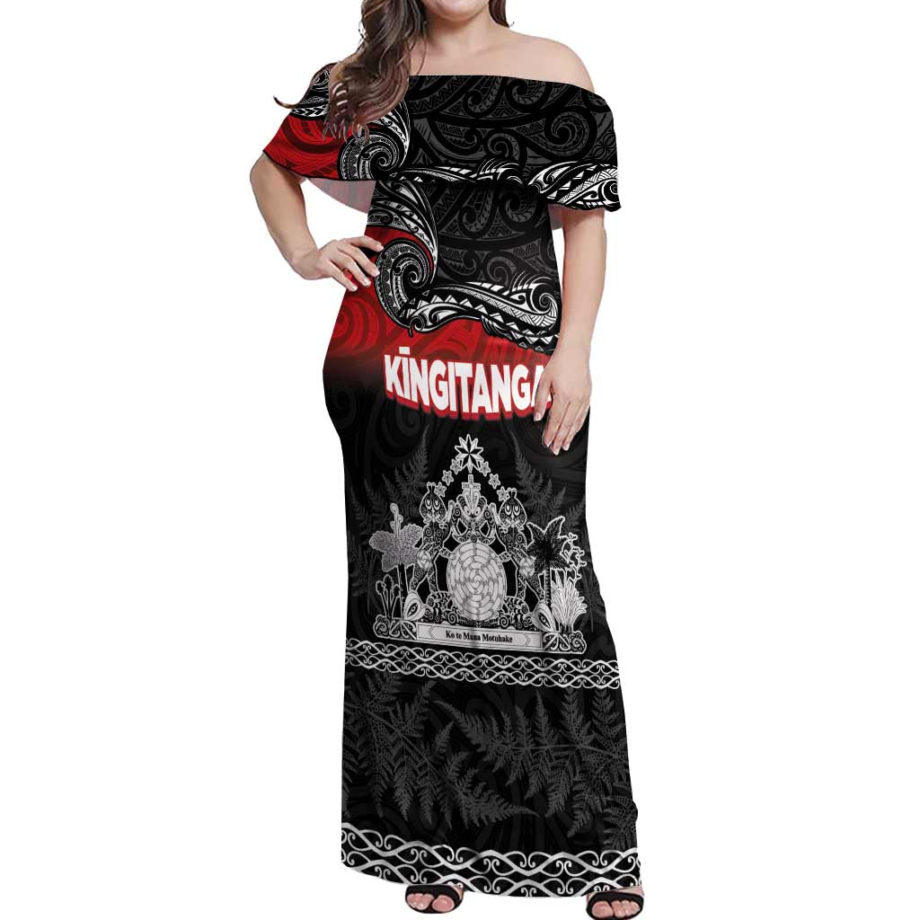 Personalised The Kingitanga - Maori King Movement Off Shoulder Maxi Dress Te Paki-o-Matariki with Silver Ferns and Polynesian Art Tattoo