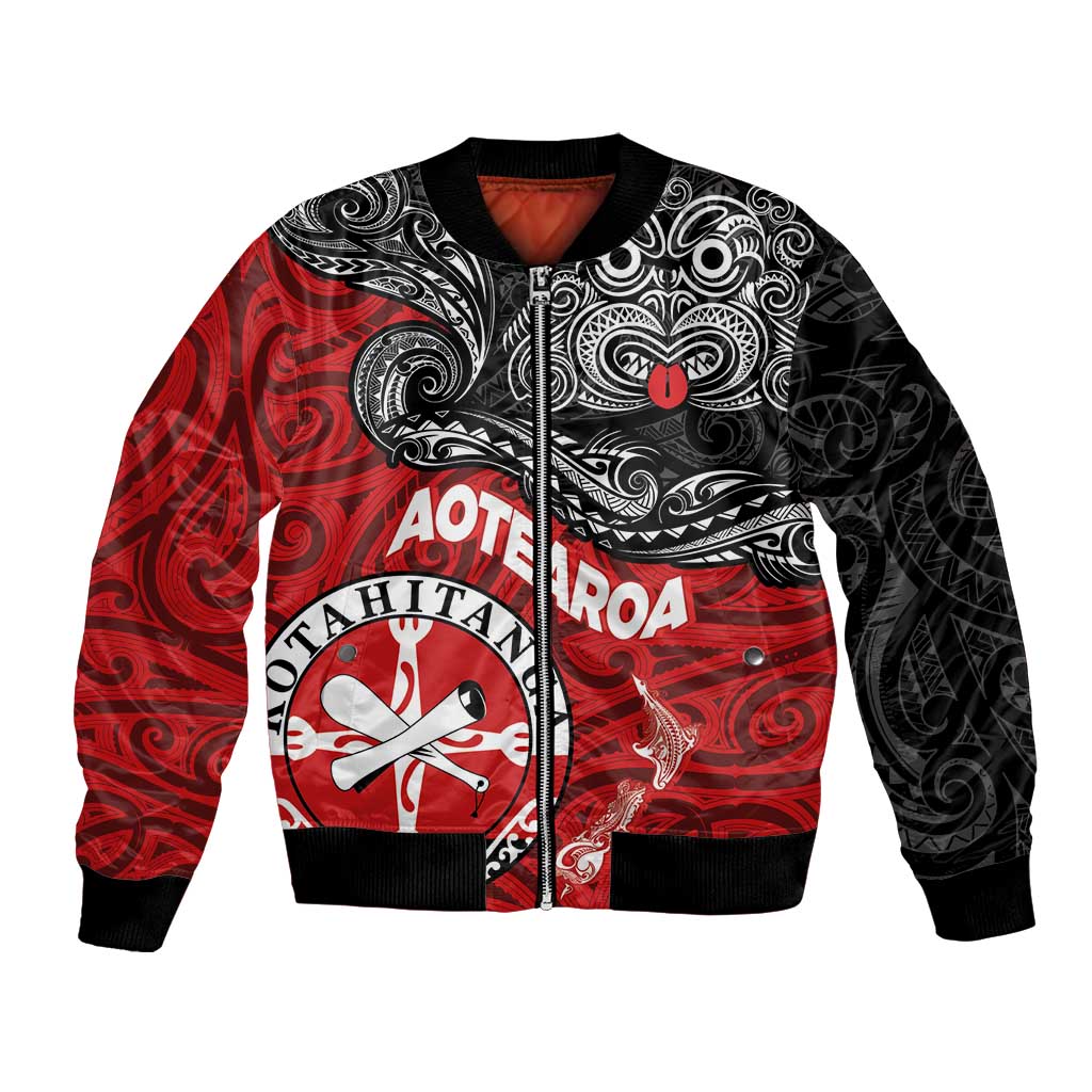 Maori Kotahitanga Bomber Jacket Aotearoa Spirit with Maori Mask and Polynesian Art Tattoo