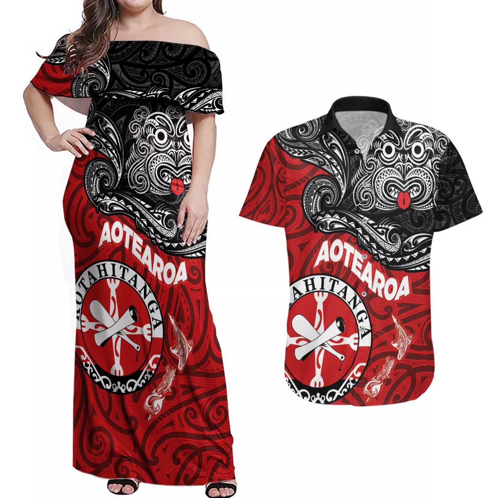 Maori Kotahitanga Couples Matching Off Shoulder Maxi Dress and Hawaiian Shirt Aotearoa Spirit with Maori Mask and Polynesian Art Tattoo