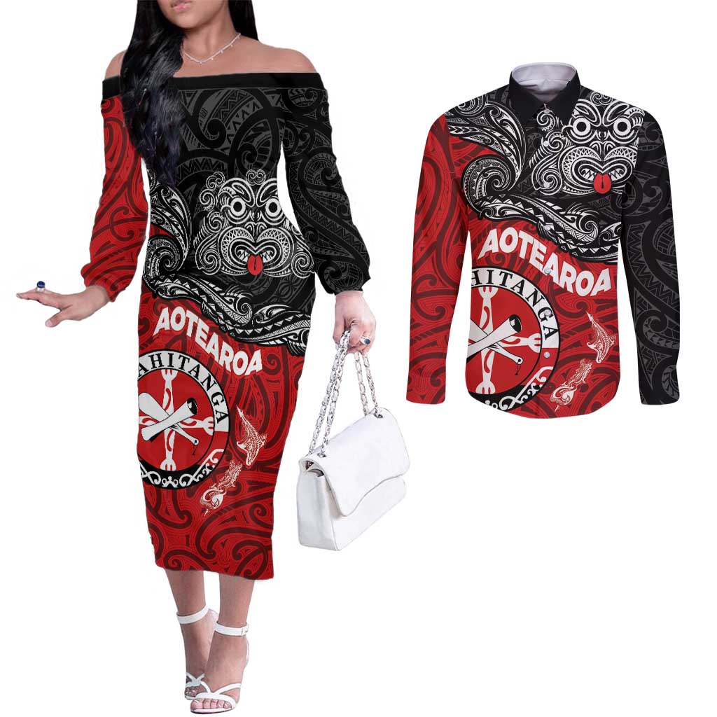Maori Kotahitanga Couples Matching Off The Shoulder Long Sleeve Dress and Long Sleeve Button Shirt Aotearoa Spirit with Maori Mask and Polynesian Art Tattoo LT03 Red - Polynesian Pride