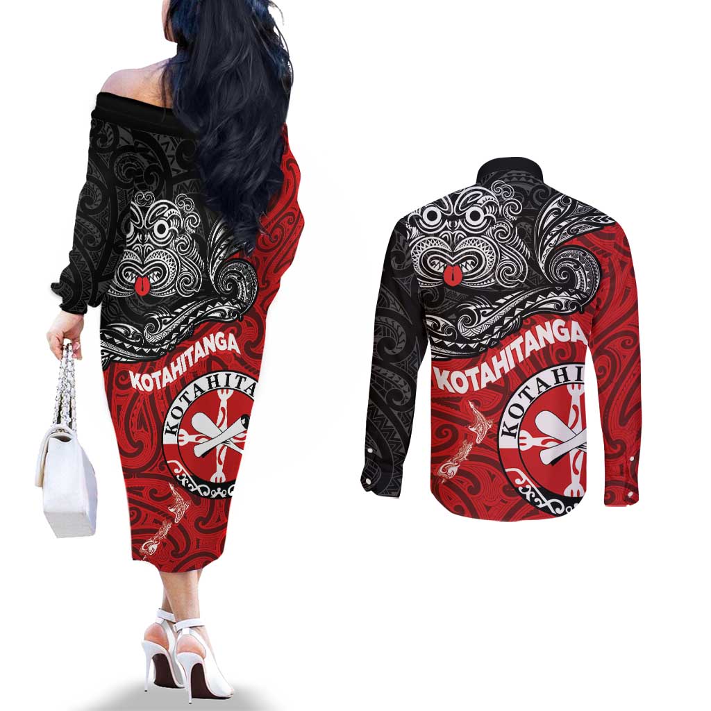 Maori Kotahitanga Couples Matching Off The Shoulder Long Sleeve Dress and Long Sleeve Button Shirt Aotearoa Spirit with Maori Mask and Polynesian Art Tattoo