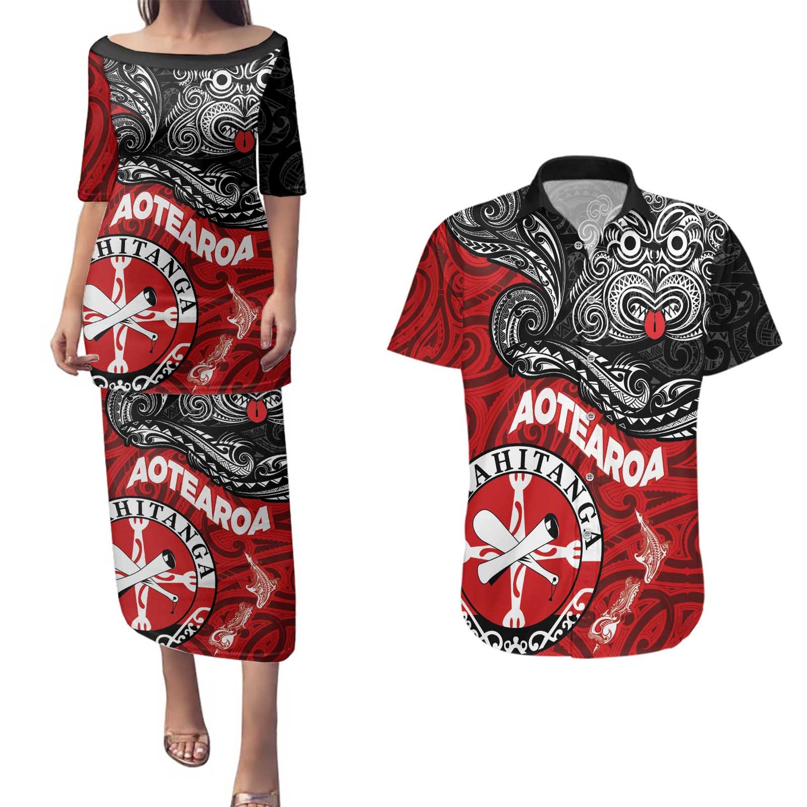 Maori Kotahitanga Couples Matching Puletasi and Hawaiian Shirt Aotearoa Spirit with Maori Mask and Polynesian Art Tattoo LT03 Red - Polynesian Pride