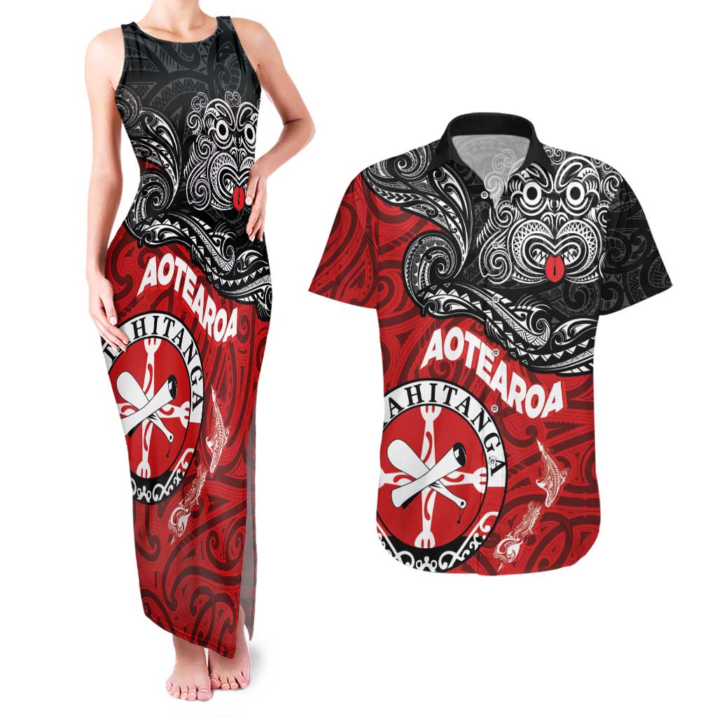 Maori Kotahitanga Couples Matching Tank Maxi Dress and Hawaiian Shirt Aotearoa Spirit with Maori Mask and Polynesian Art Tattoo LT03 Red - Polynesian Pride