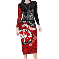 Maori Kotahitanga Family Matching Long Sleeve Bodycon Dress and Hawaiian Shirt Aotearoa Spirit with Maori Mask and Polynesian Art Tattoo
