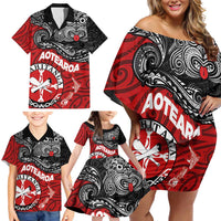 Maori Kotahitanga Family Matching Off Shoulder Short Dress and Hawaiian Shirt Aotearoa Spirit with Maori Mask and Polynesian Art Tattoo