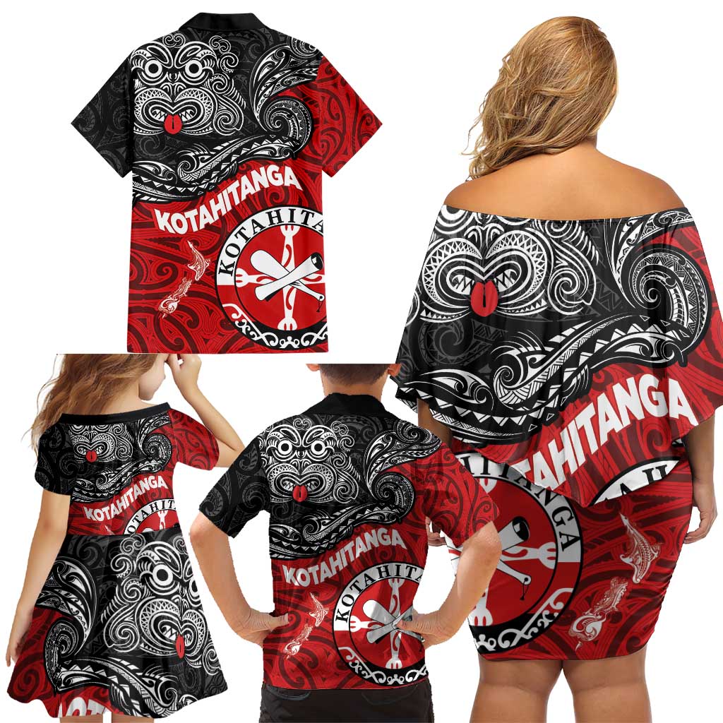 Maori Kotahitanga Family Matching Off Shoulder Short Dress and Hawaiian Shirt Aotearoa Spirit with Maori Mask and Polynesian Art Tattoo