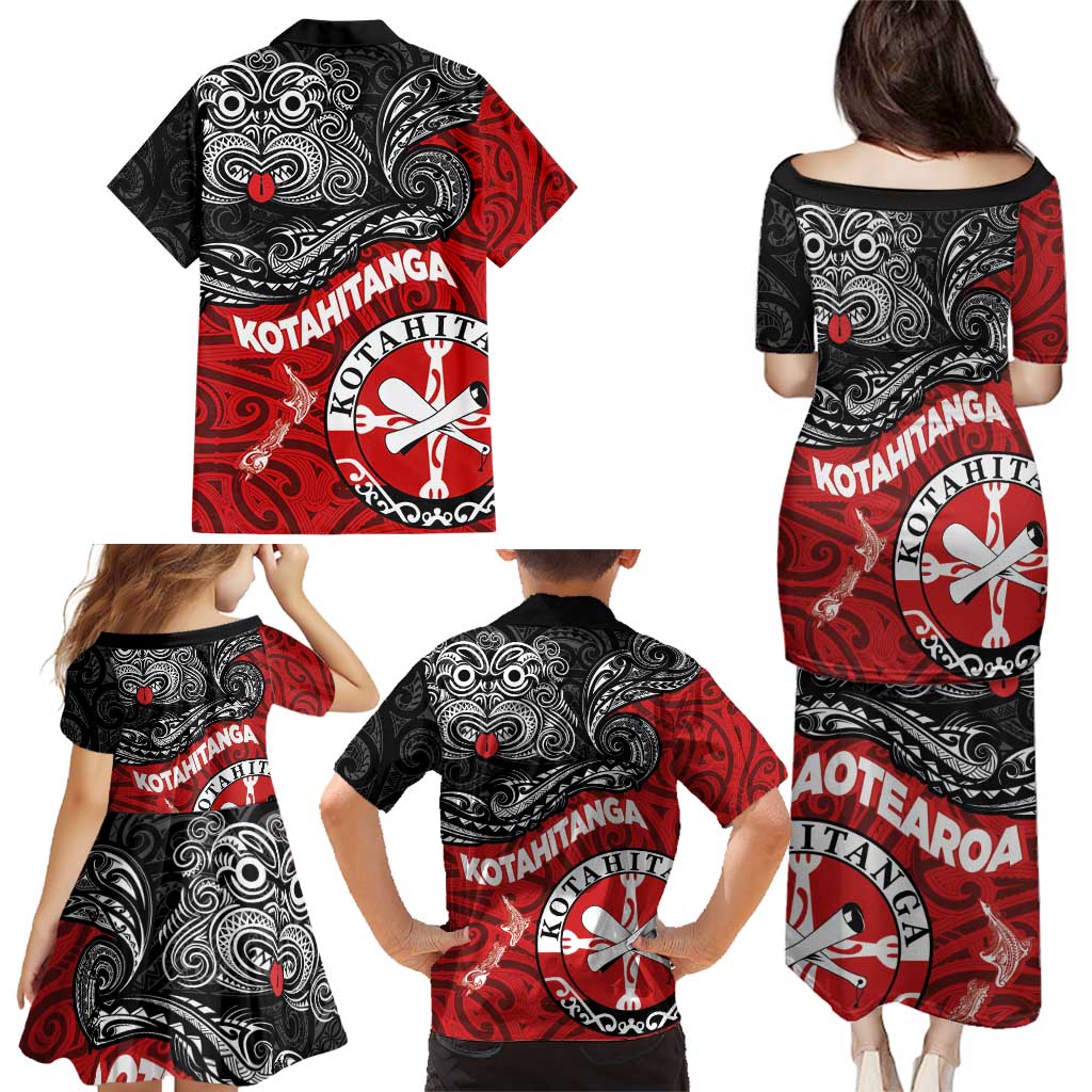 Maori Kotahitanga Family Matching Puletasi and Hawaiian Shirt Aotearoa Spirit with Maori Mask and Polynesian Art Tattoo