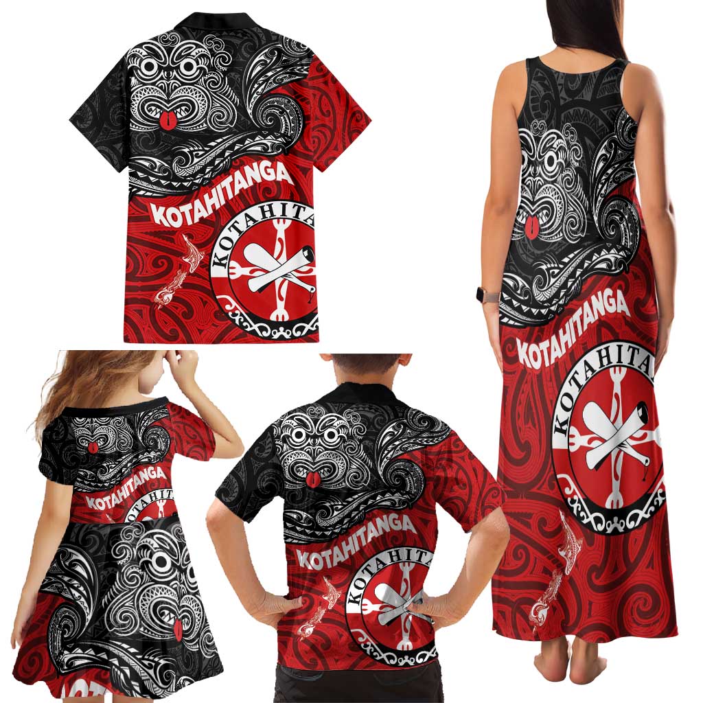 Maori Kotahitanga Family Matching Tank Maxi Dress and Hawaiian Shirt Aotearoa Spirit with Maori Mask and Polynesian Art Tattoo