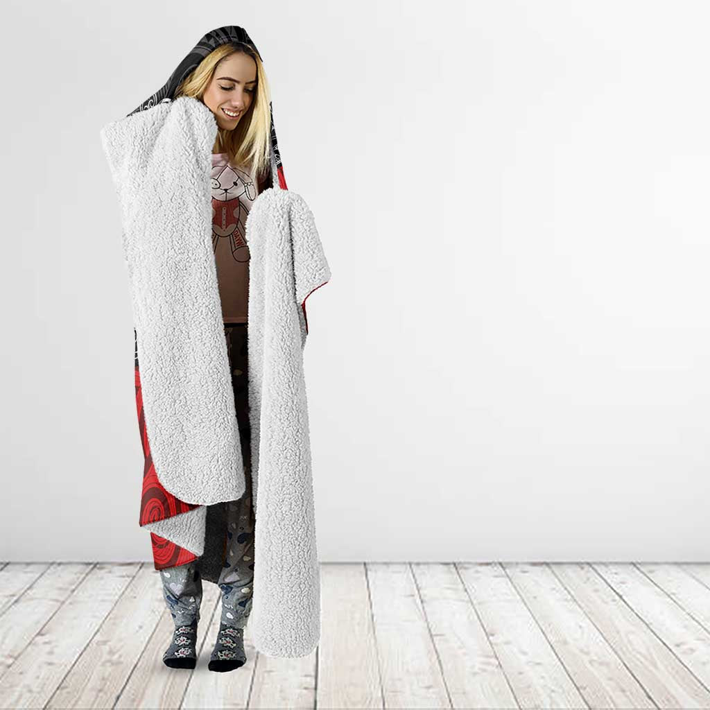 Maori Kotahitanga Hooded Blanket Aotearoa Spirit with Maori Mask and Polynesian Art Tattoo