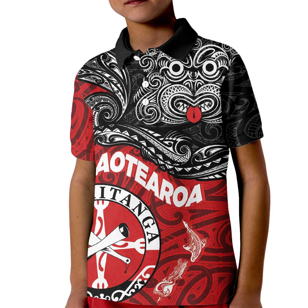 Maori Kotahitanga Kid Polo Shirt Aotearoa Spirit with Maori Mask and Polynesian Art Tattoo