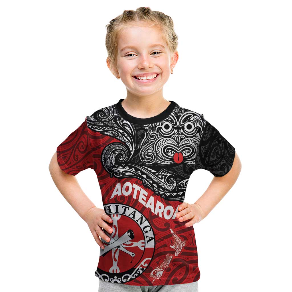 Maori Kotahitanga Kid T Shirt Aotearoa Spirit with Maori Mask and Polynesian Art Tattoo