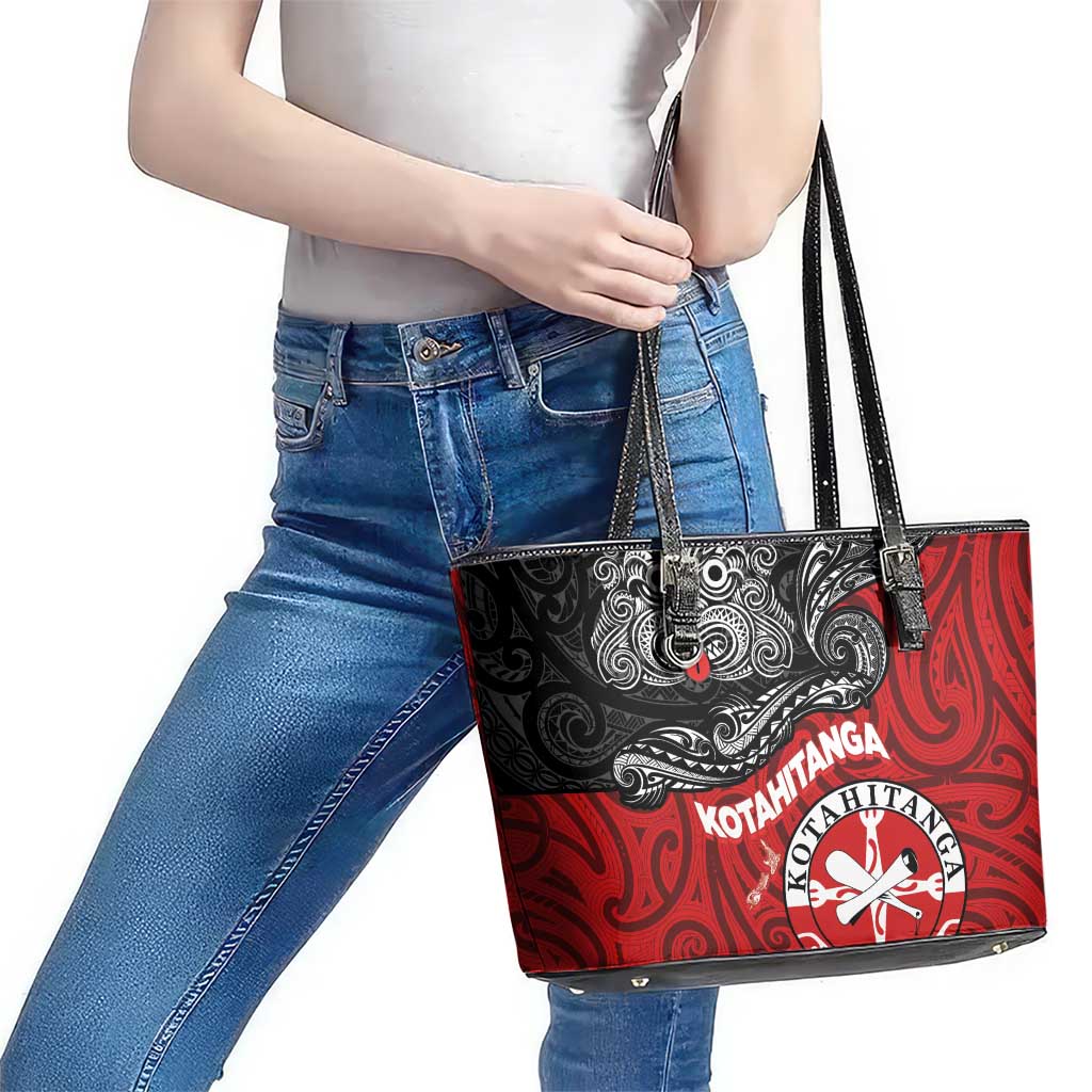 Maori Kotahitanga Leather Tote Bag Aotearoa Spirit with Maori Mask and Polynesian Art Tattoo